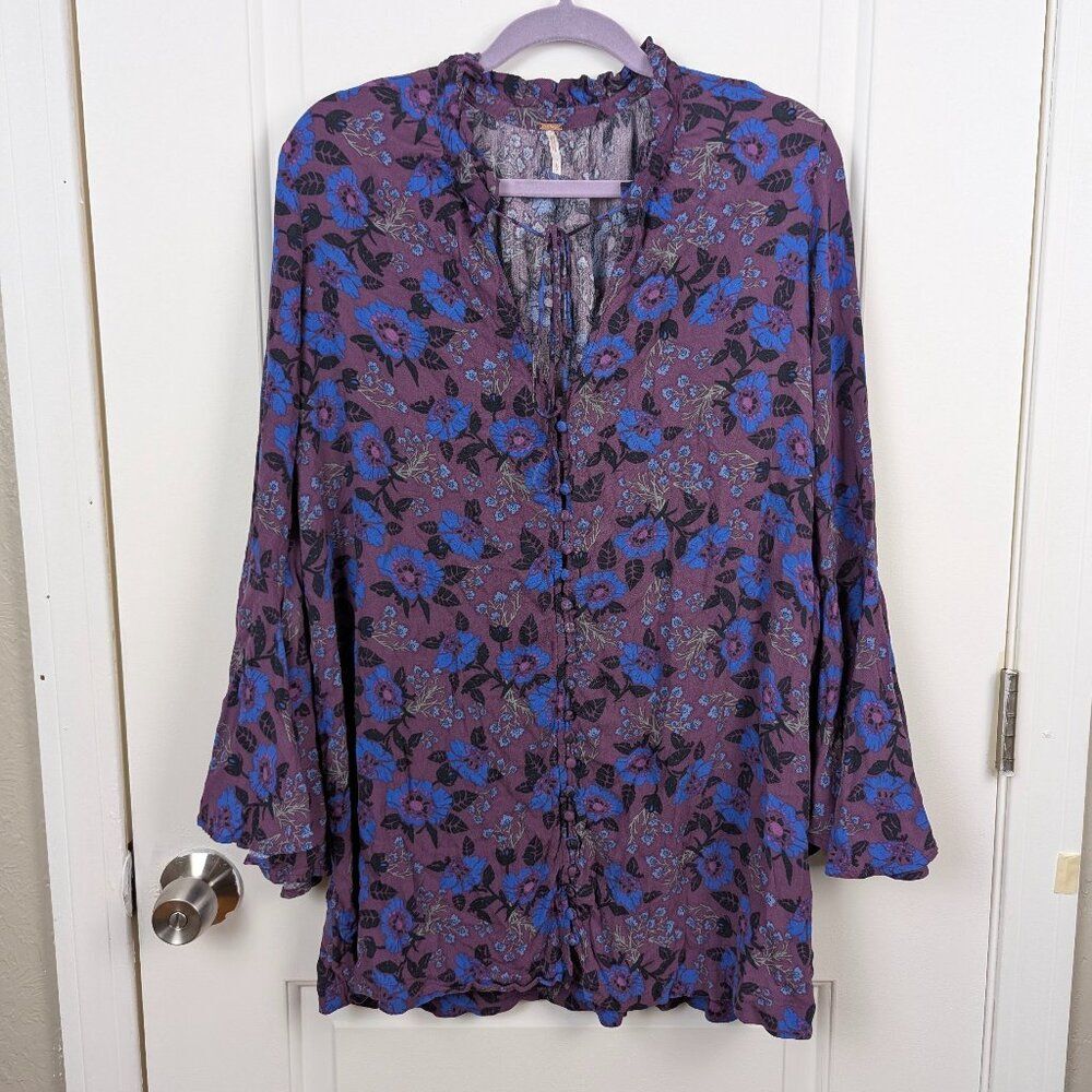 Free People | Purple Floral Bell Sleeve Tunic Blouse Size Small